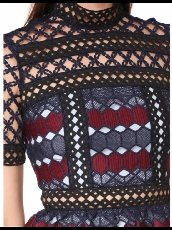 Self-Portrait Navy and Burgundy Lace Midi Dress - Picture 2 of 5